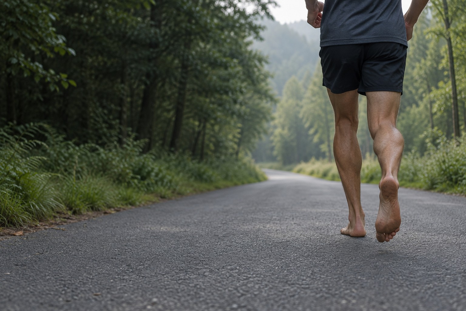 Un coureur pieds nus sur une voie goudronnée bordée d’arbres et de végétation