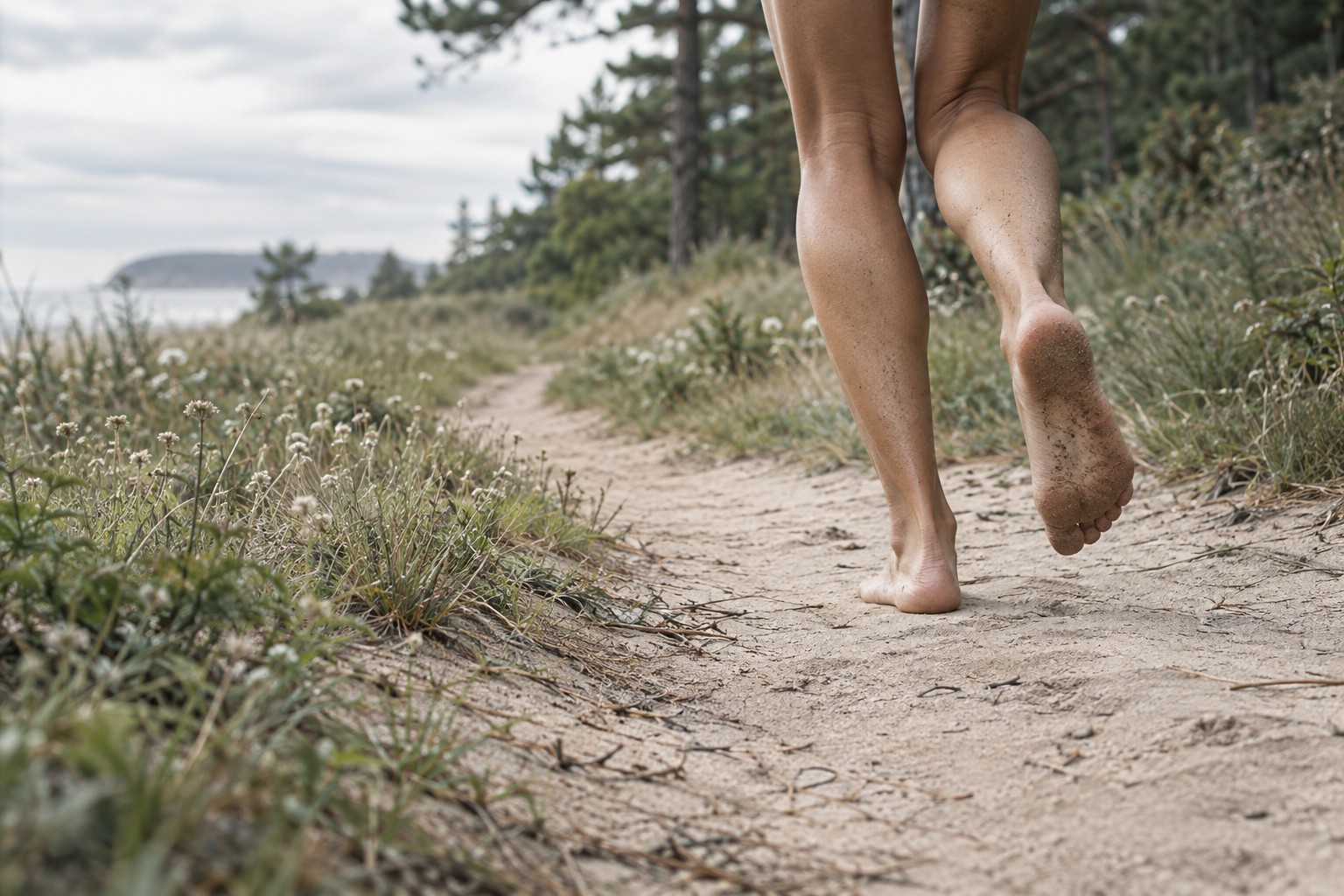 Le contact d’un pied nu avec un sentier de sable en pleine nature